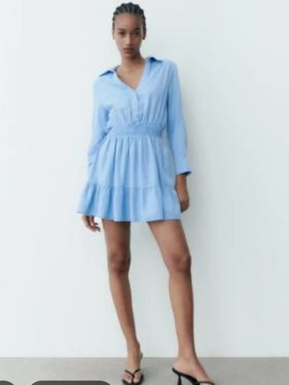 Zara Light Blue Tiered Smocked-Waist Shirt Dress